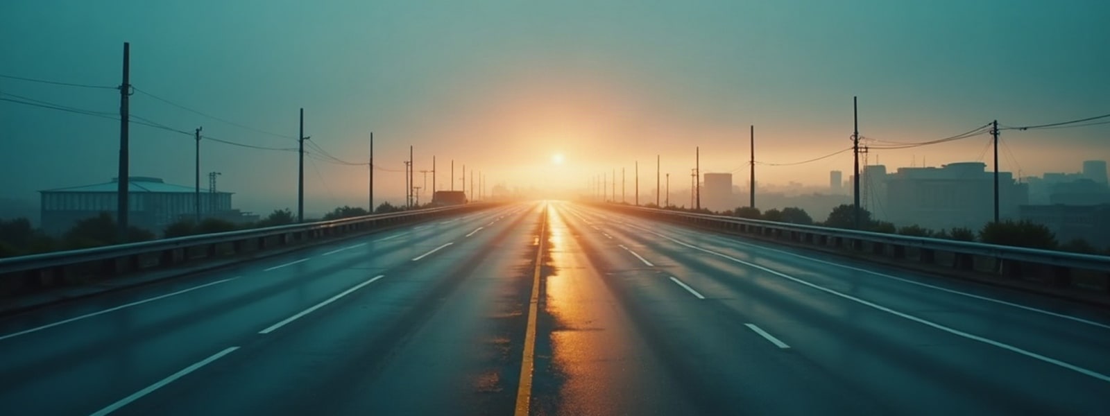 An empty highway at dawn heading toward a distant city.