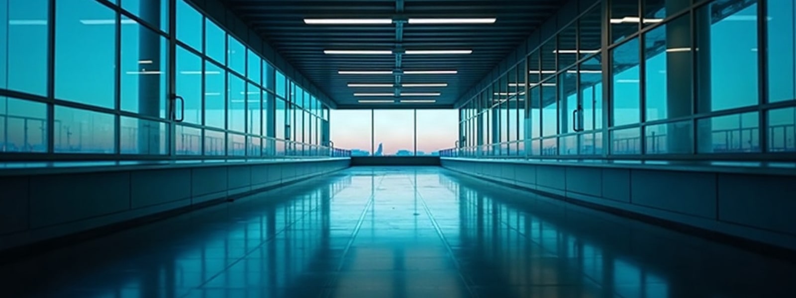 An empty glass walkway at blue hour.
