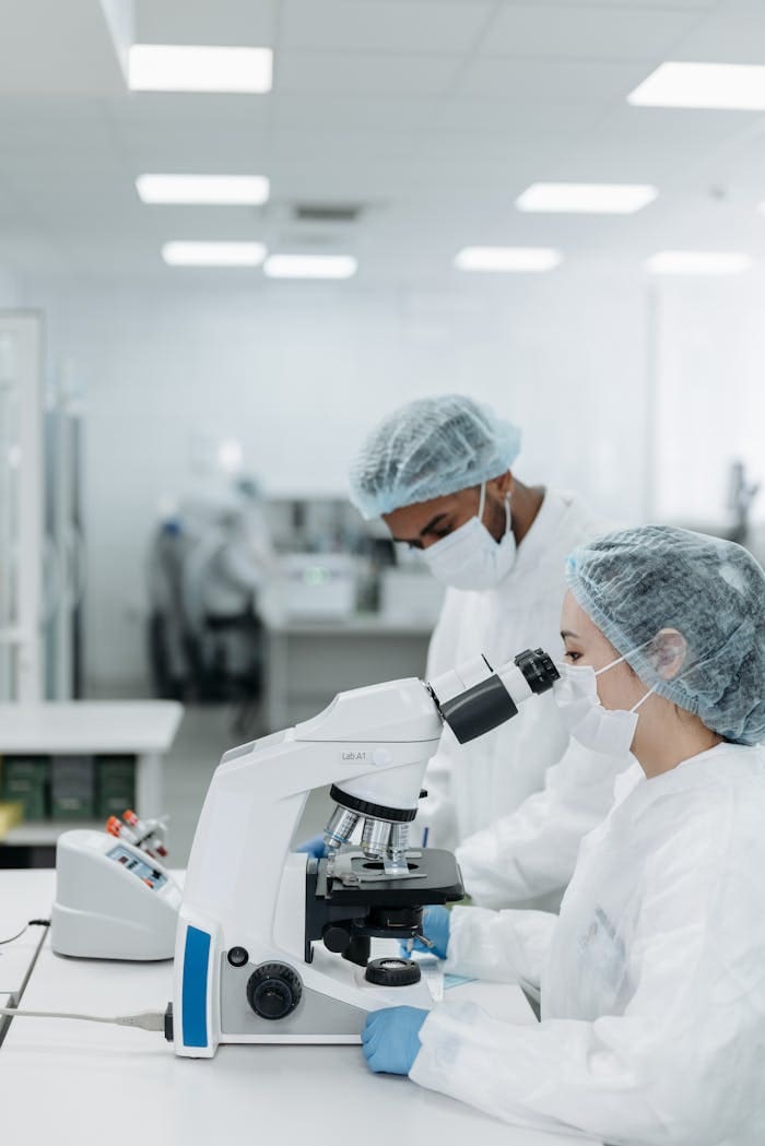 Scientists wearing protective gear conduct research using a microscope in a modern laboratory.